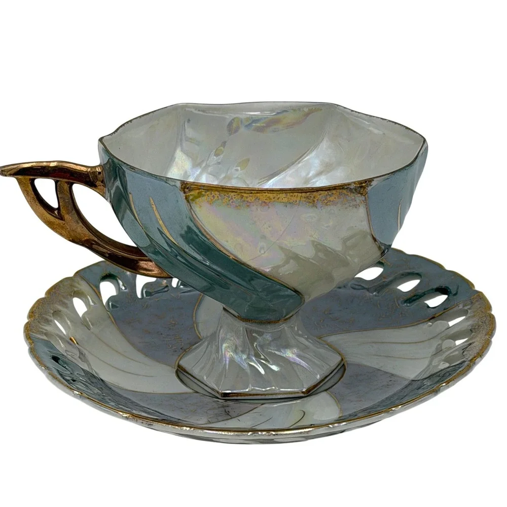 Vtg Lustreware Iridescent Footed Teacup and Reticulated Saucer Set Gold Trim